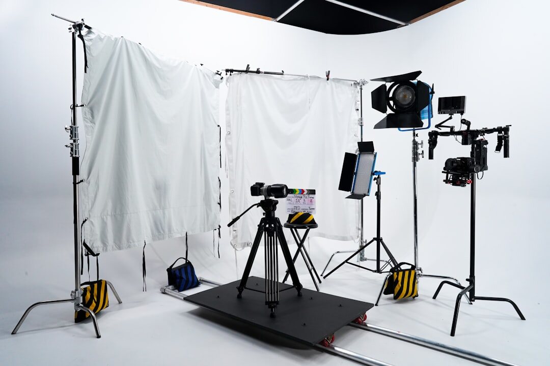 Television studio set with lighting rig and cameras